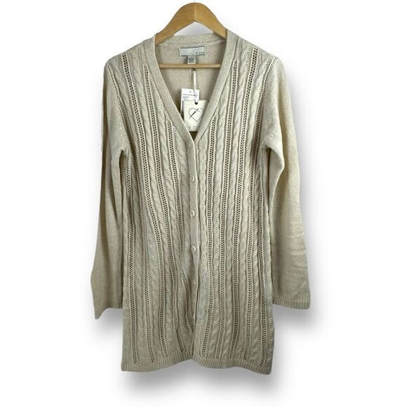 By Design Women's Size M Cable Knit Long Button Up Cardigan Beige Cream New - Picture 1 of 11